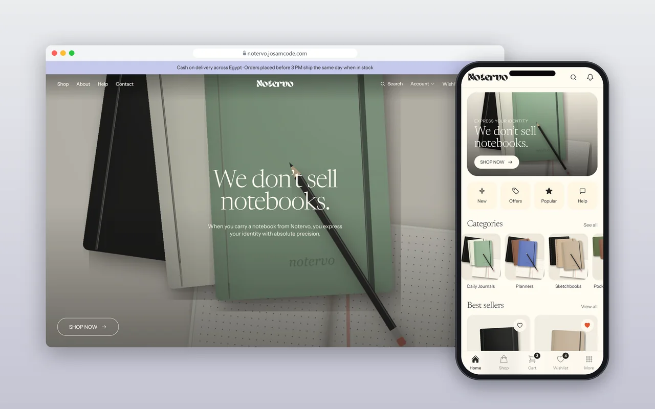 Notervo notebook storefront on desktop and mobile, with sage-green product imagery, elegant typography, and a cream shopping interface.