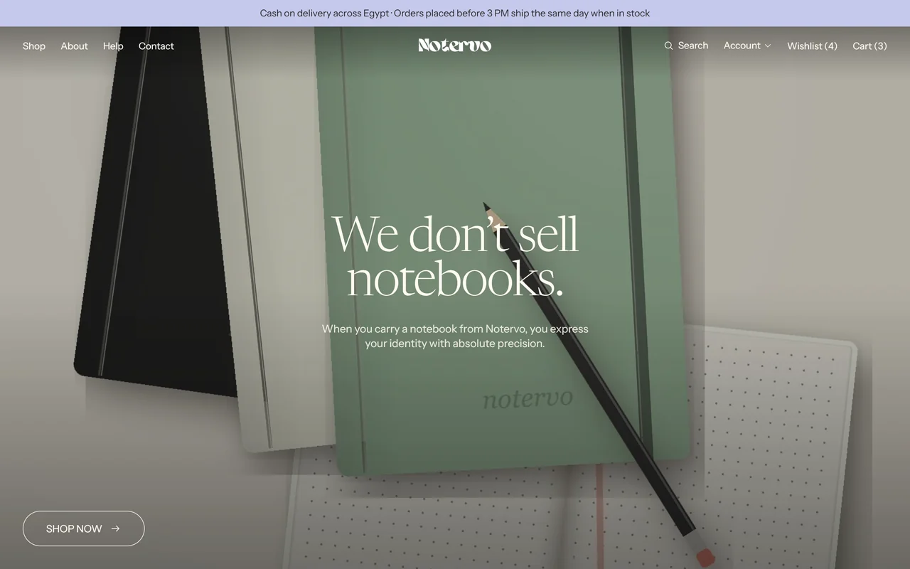 Notervo, an e-commerce project by JoSamCode: an editorial notebook storefront with sage-green product imagery and elegant typography.