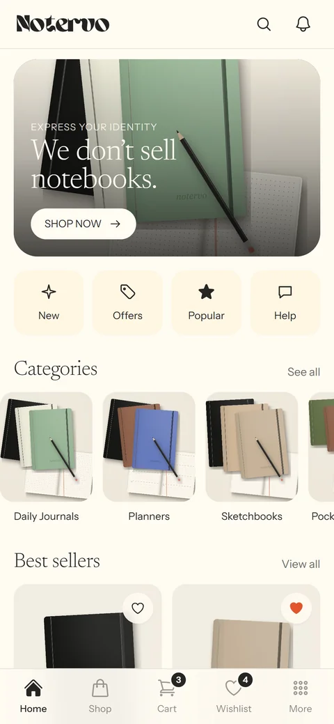 Notervo’s mobile storefront with notebook collections, product imagery, and a cream shopping interface.
