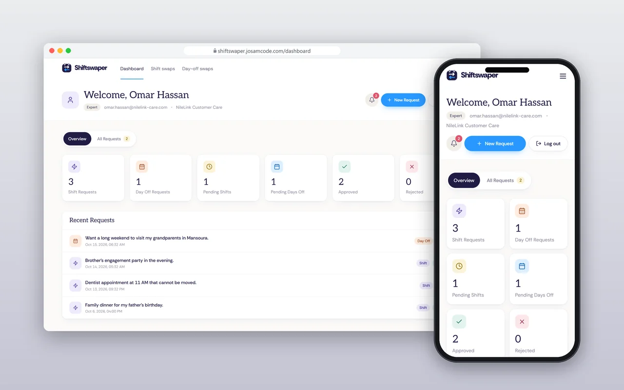ShiftSwaper employee dashboard showing shift requests and approvals on desktop and phone.