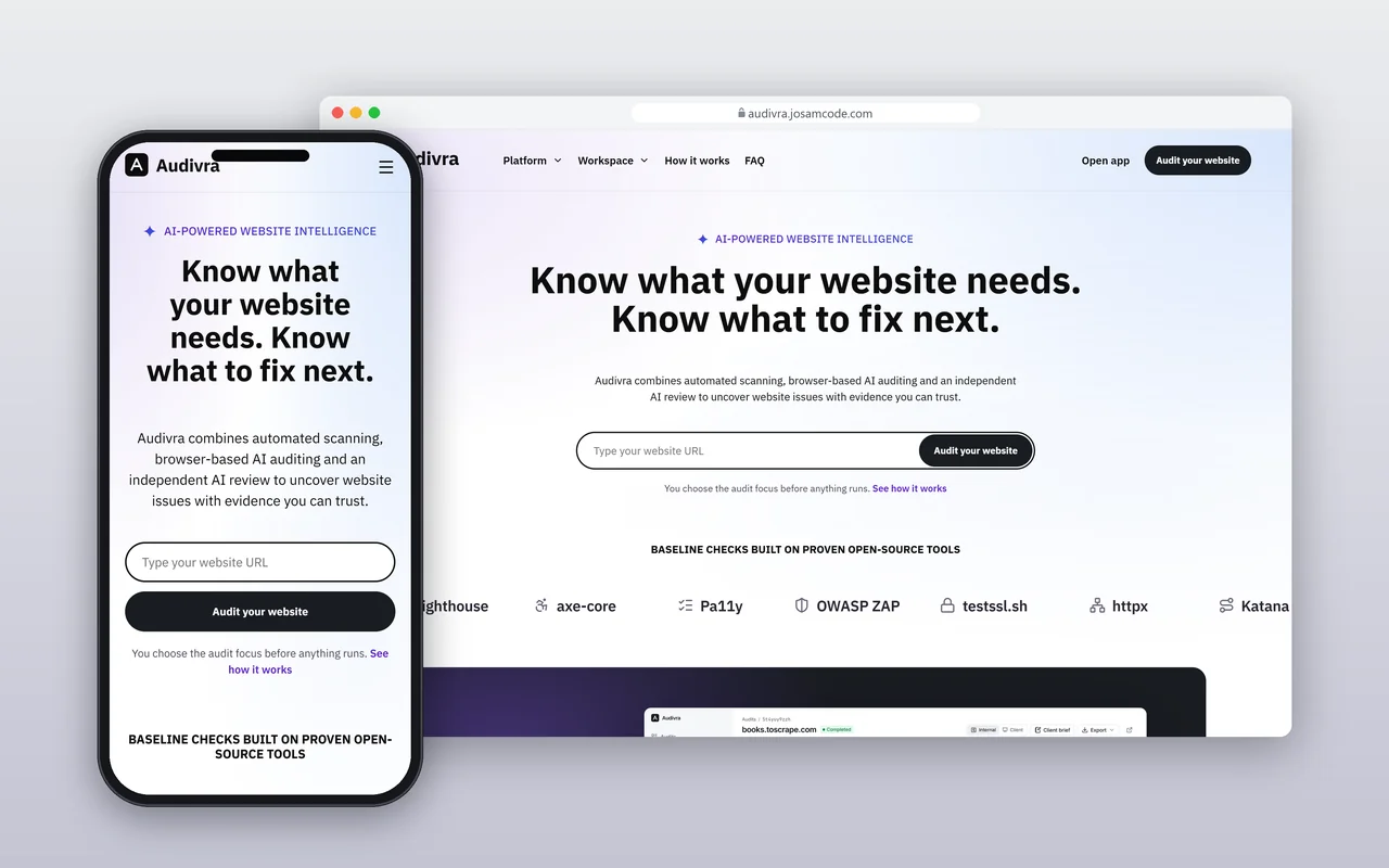 Audivra website introducing its website audit workspace.