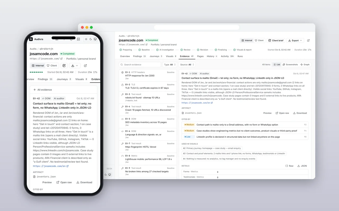 Audivra evidence workspace showing supporting observations for an audit.