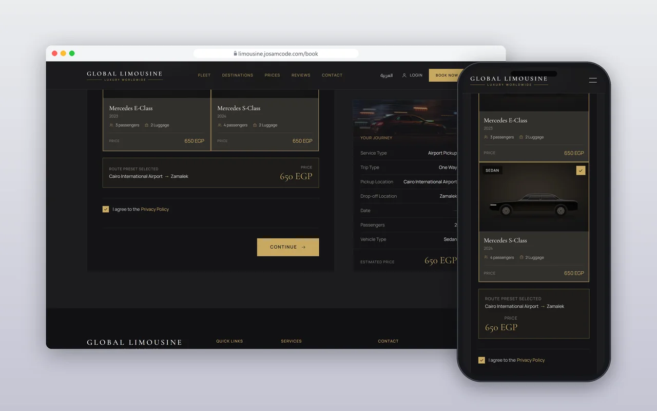 Global Limousine trip booking with route and vehicle selection.
