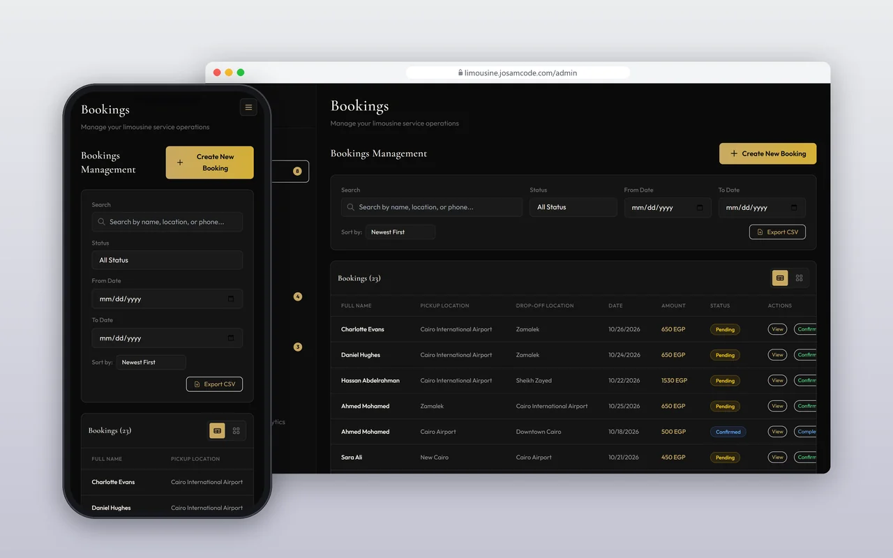 Global Limousine reservation workspace with trip and booking statuses.