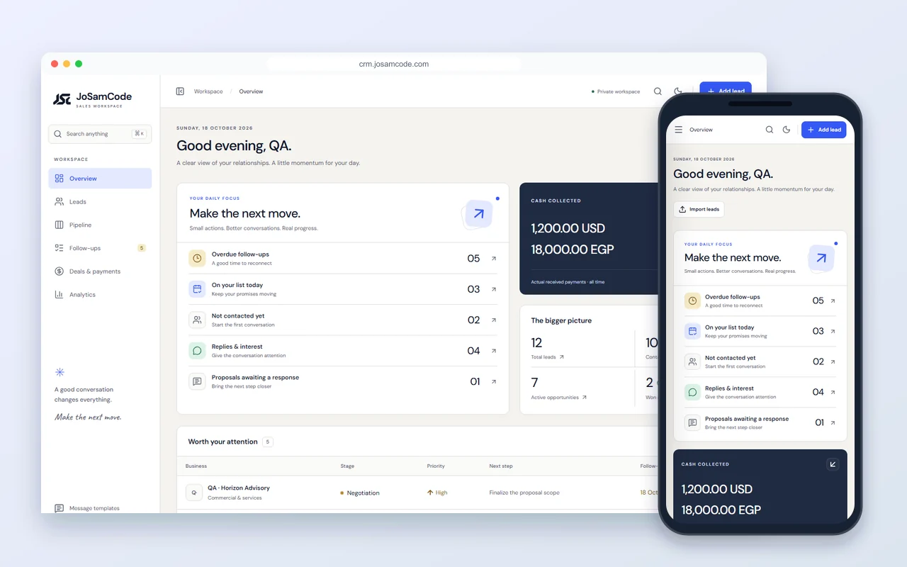 أولويات اليوم والمتابعات والمدفوعات المحصلة في JoSamCode CRM على الكمبيوتر والهاتف، ببيانات تجريبية وهمية.