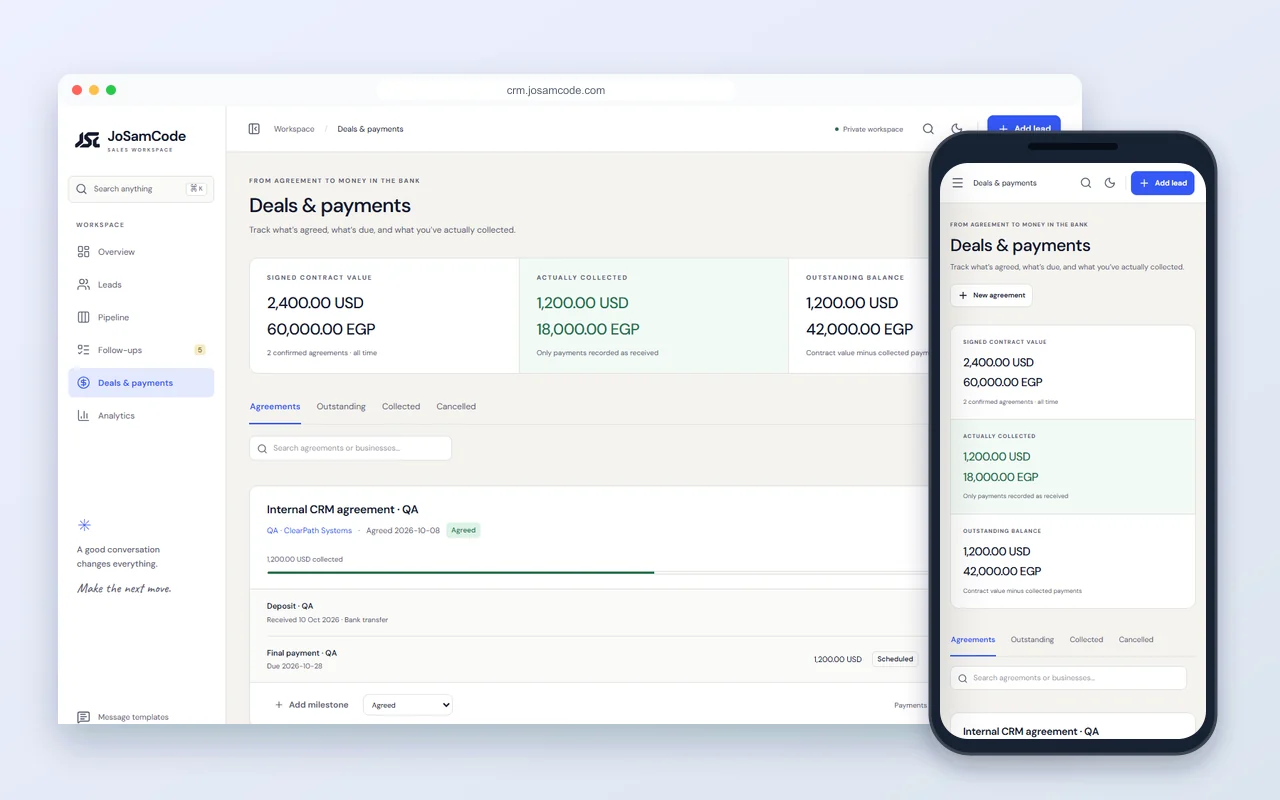 الاتفاقات ومراحل الدفع المجدولة والمدفوعات المستلمة والأرصدة المستحقة في JoSamCode CRM. بيانات تجريبية وهمية.