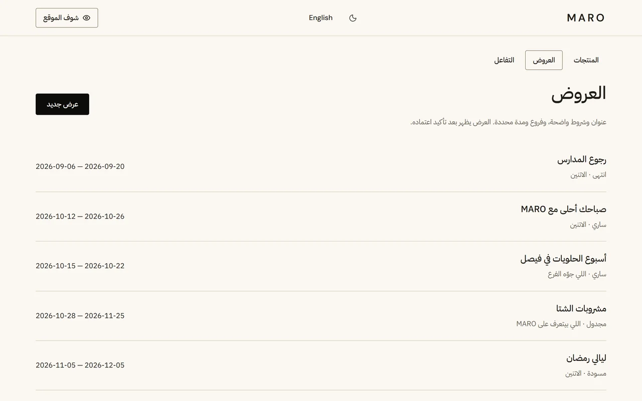 MARO Cafe offers workspace showing promotions and date ranges.