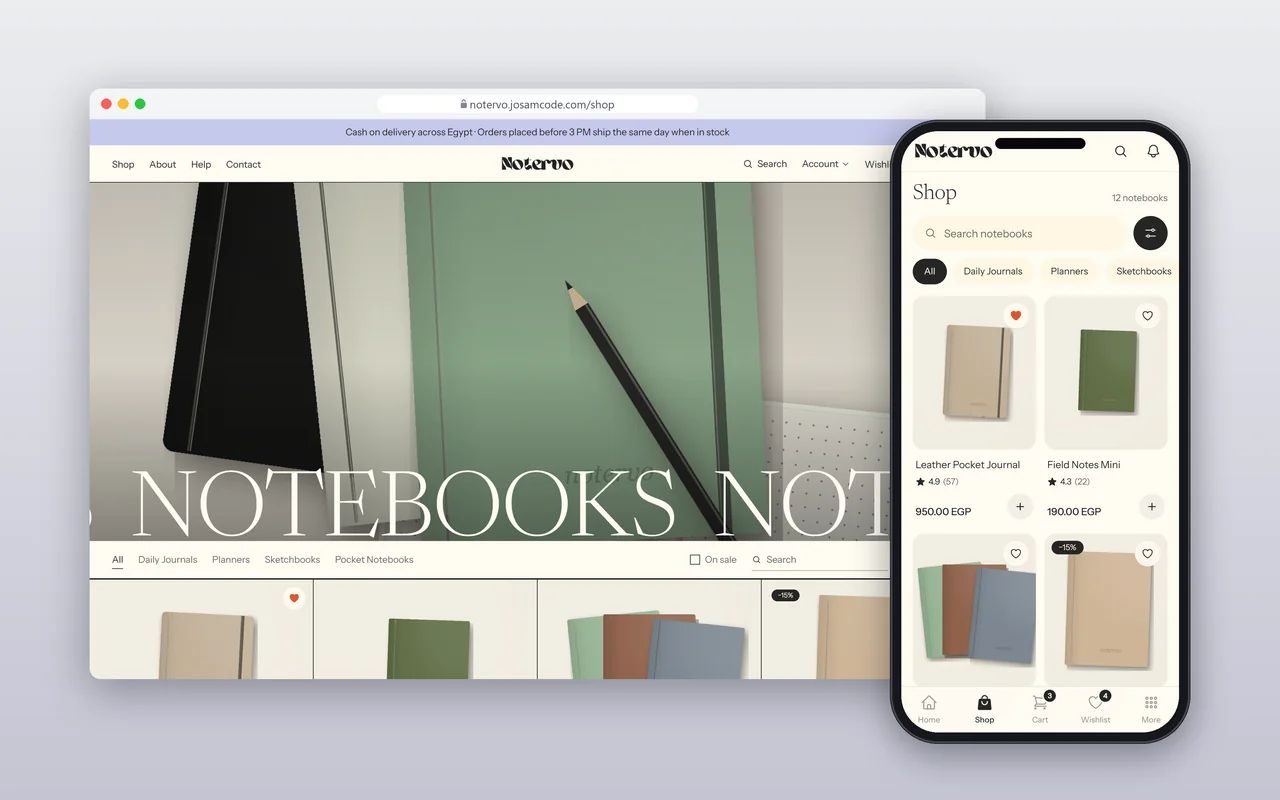 Notervo notebook collection with category browsing and a mobile product grid.