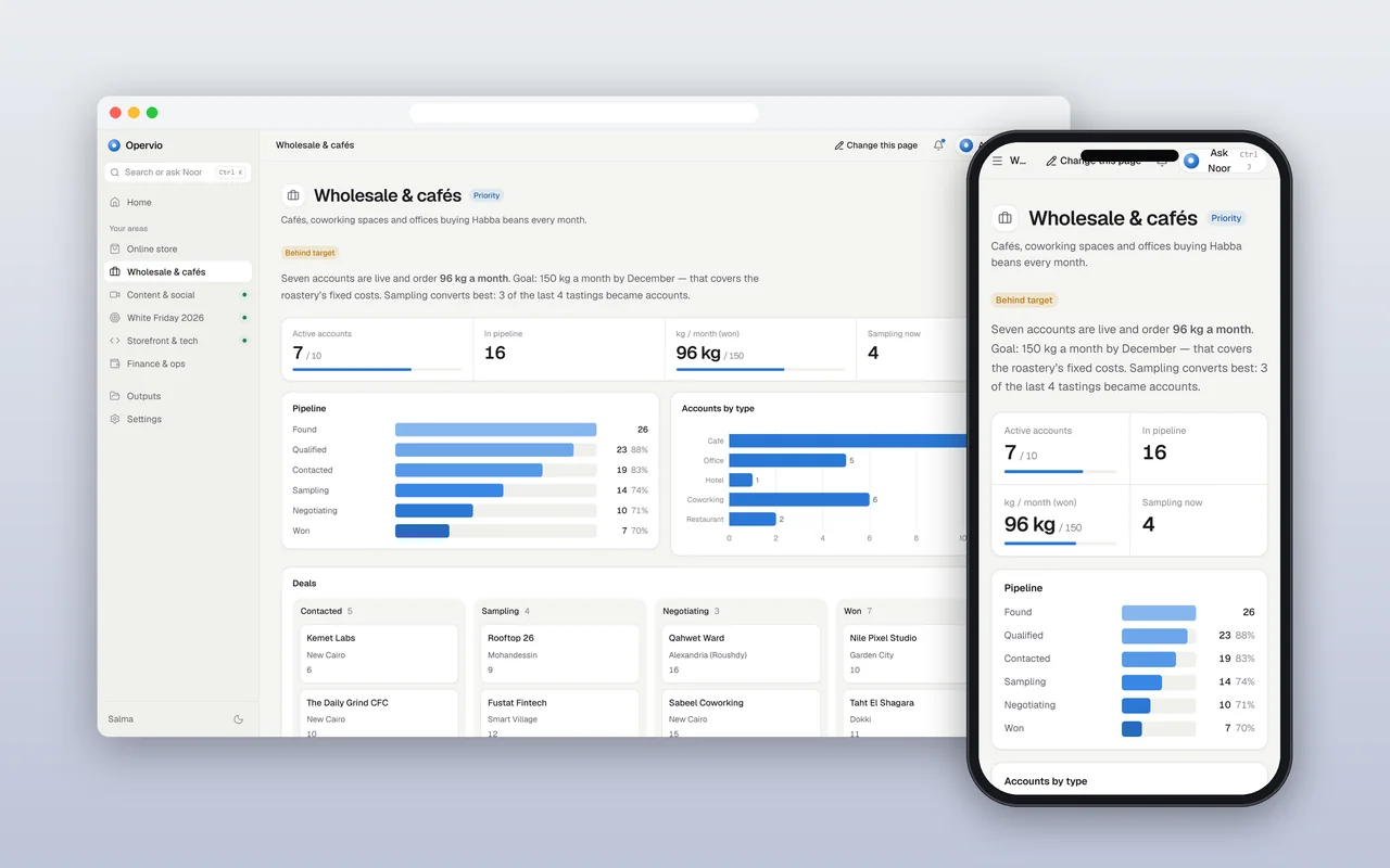 Opervio wholesale workspace with business information and account views.