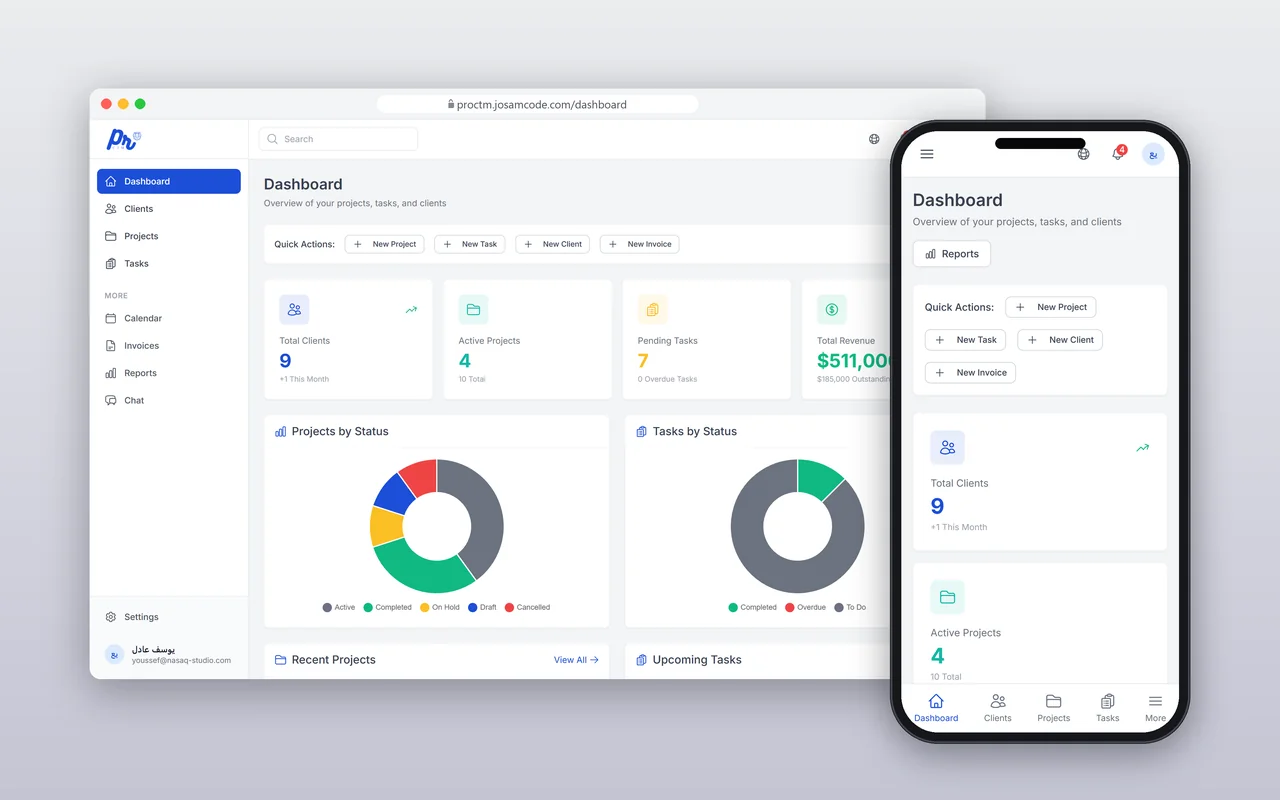 ProCTM client and project dashboard on desktop and phone.