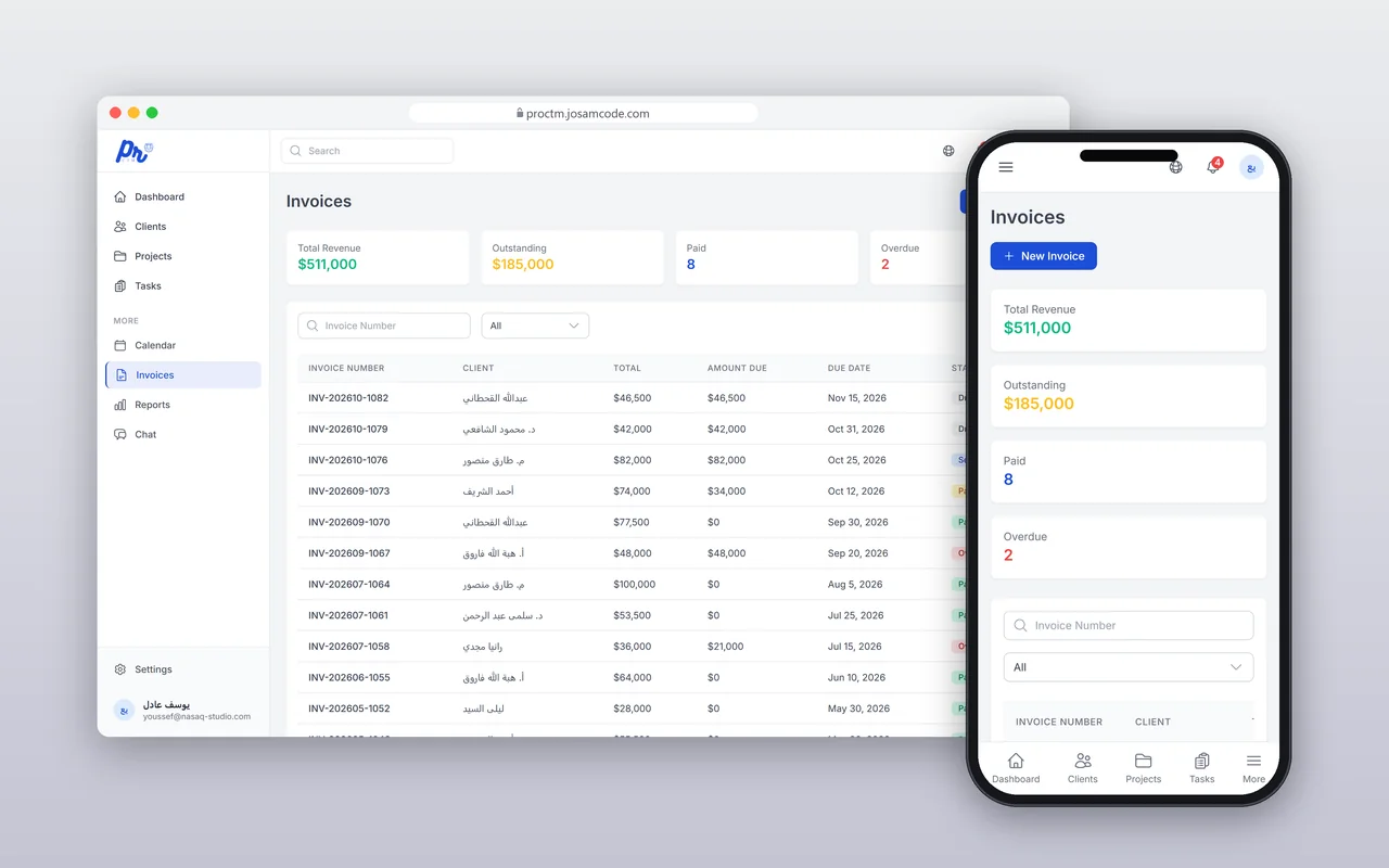 ProCTM invoices with payment statuses and outstanding balances.