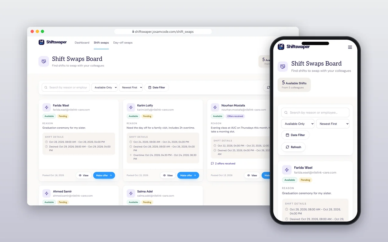 ShiftSwaper board with available shift exchange requests.